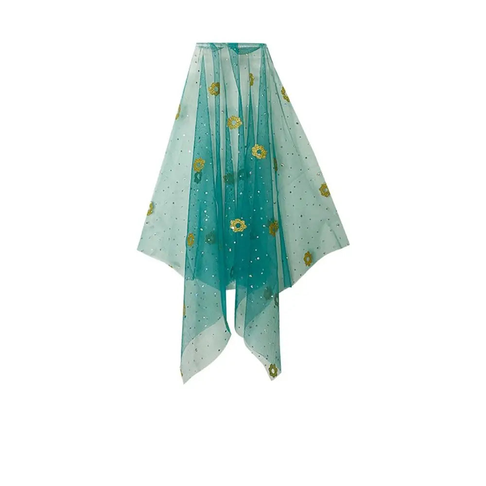 Türkis-Mesh-Kopftuch mit goldenen Blumenmustern für den Belly Dance