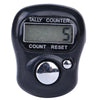 A black mini digital finger counter device with a display showing the number 5 and a count reset button.