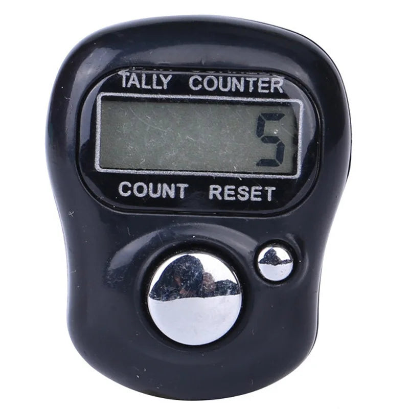 A black mini digital finger counter device with a display showing the number 5 and a count reset button.