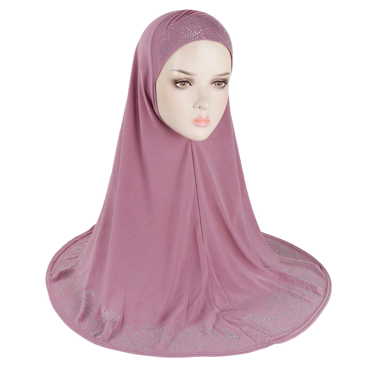 Pañuelo hijab floral de pedrería malva exhibido en maniquí