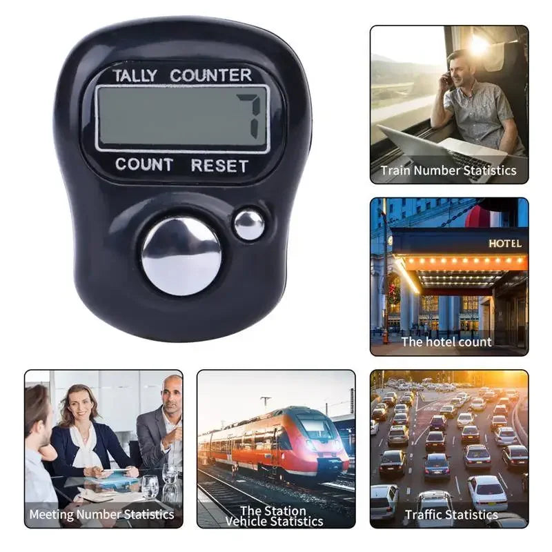 A black mini digital finger counter device shown alongside various statistics displays.