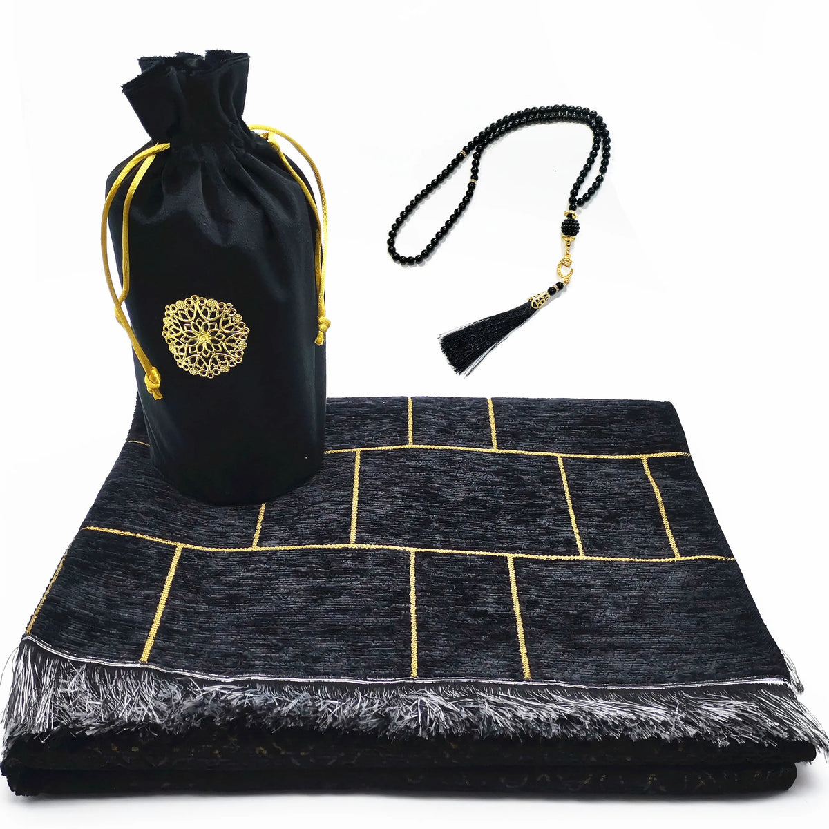 Schwarzer tragbarer Gebetsmatte-Satz mit grau gemusterter Matte und schwarzem Beutel mit goldenen Akzenten.