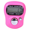 A pink mini digital tally counter device with a display and a round button.