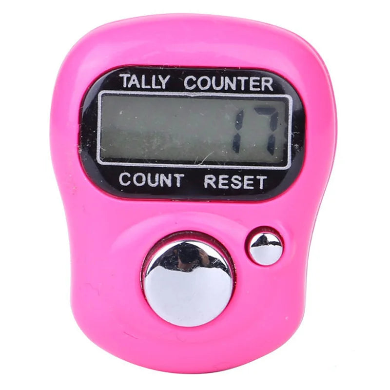 A pink mini digital tally counter device with a display and a round button.