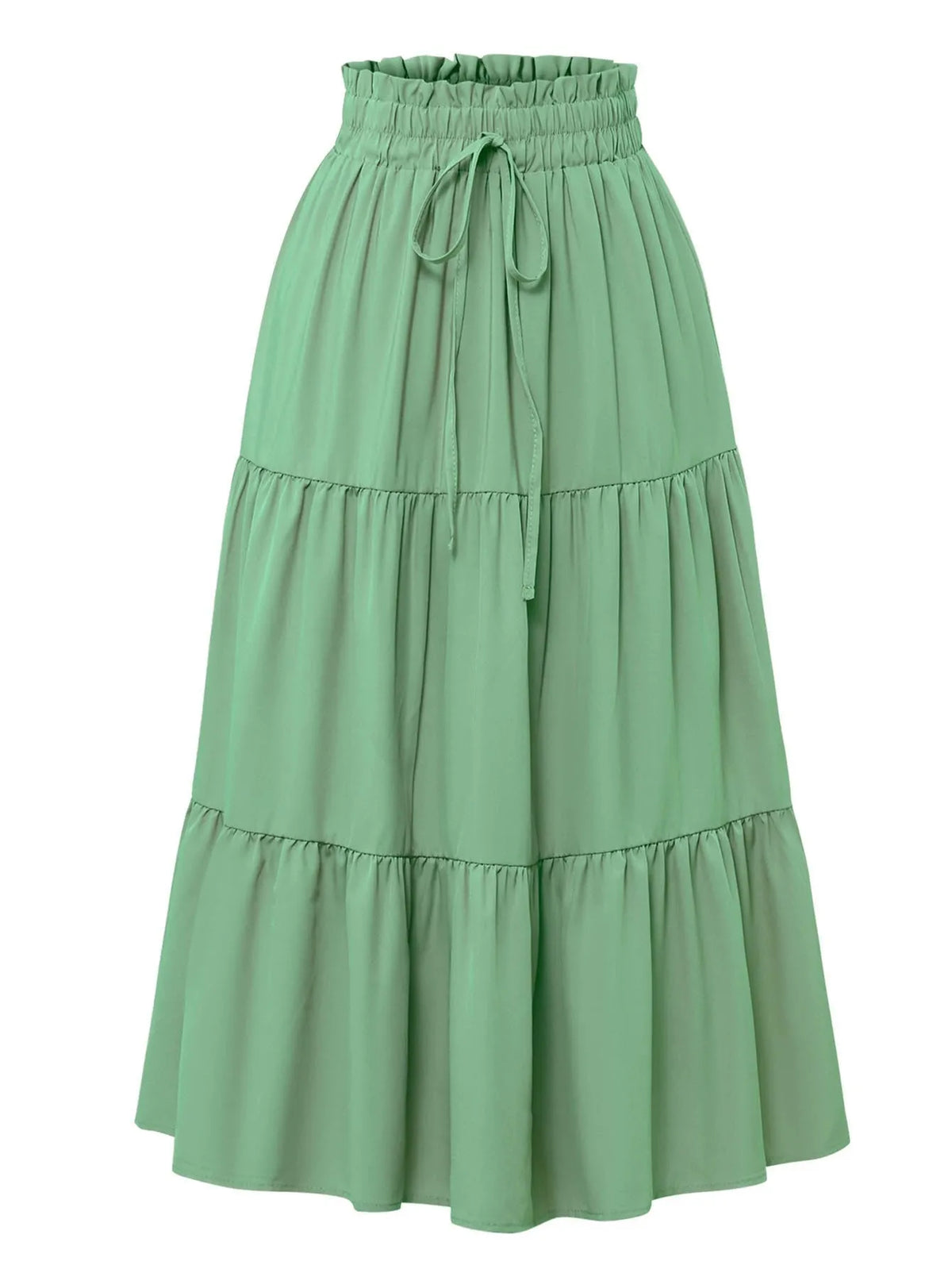 Falda midi A-line bohemia verde menta con cintura fruncida y volantes en capas.