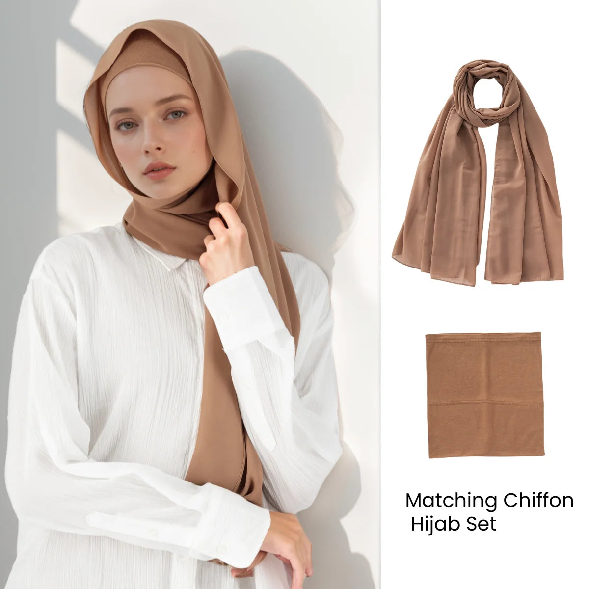 A woman wearing a beige chiffon hijab and matching top set with a separate square scarf.