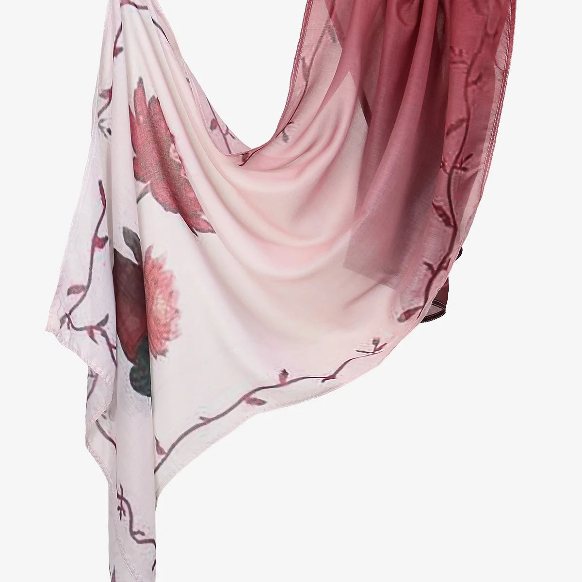 Fließender rosa Aquarell-Linen-Seidenschal mit Blumenmuster, elegant drapiert.