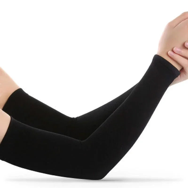 Black cooling UV protection arm sleeves worn on an arm.