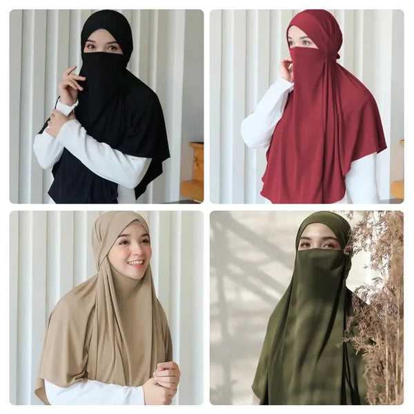 Four images showing women wearing large plain ethnic scarf hijab headwraps in black, maroon, beige, and olive green.