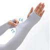 A hand wearing a light gray cooling UV protection arm sleeve, demonstrating the compression and fit.
