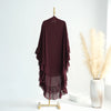 A deep burgundy ruffled two-layer chiffon hijab displayed on a hanger against a white background.
