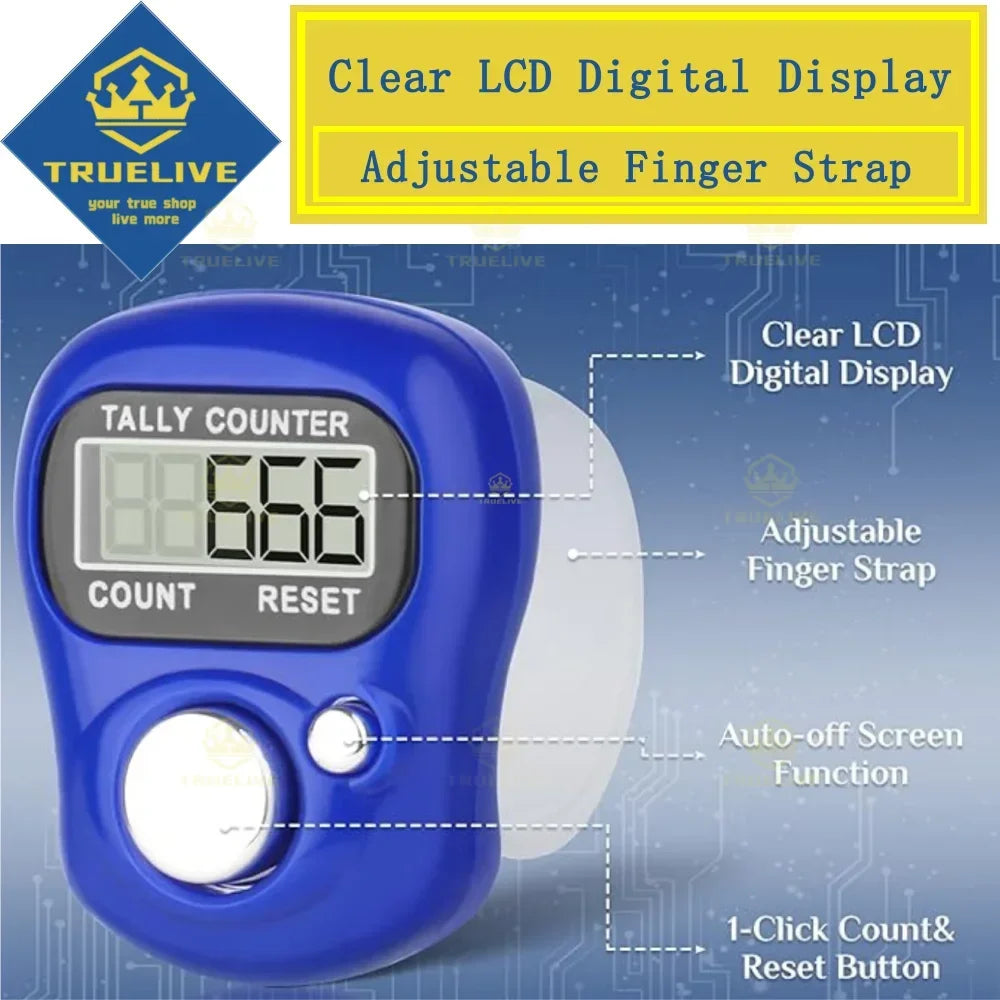 Contador electrónico azul con pantalla LCD y correa ajustable para contar.