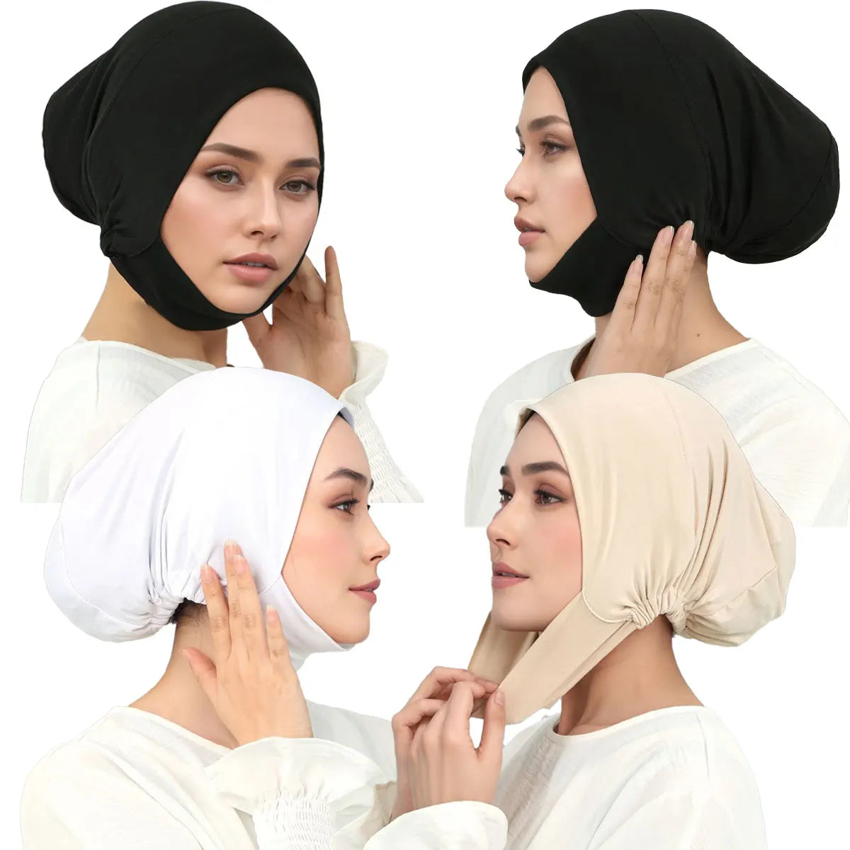 Trois femmes portant des hijabs unis noirs, blancs et beiges