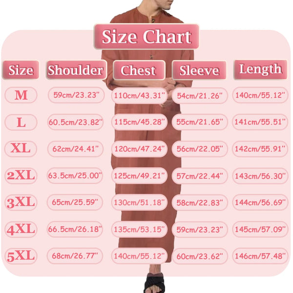 Size chart for a vintage men's Islamic jubba thobe kaftan showing measurements for sizes M through 5XL.