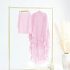 Pink ruffled 2-layer chiffon hijab displayed on a gold hanger against a white background.