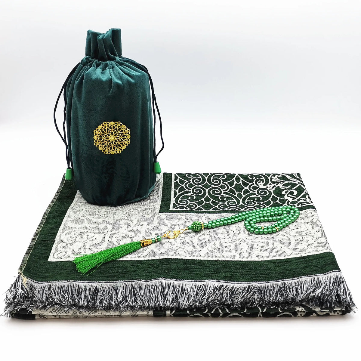 Elegante grüne Chenille Gebetsmatte-Set mit Matte, Tasbih und passender Tasche.