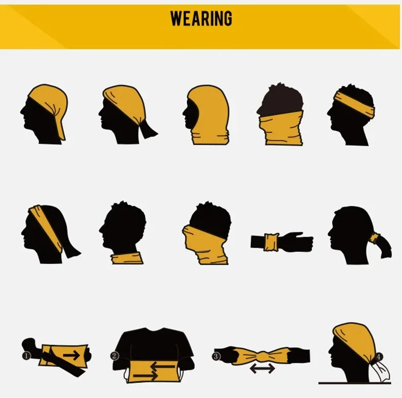 Illustrationen, die verschiedene Arten zeigen, einen gelben Schal oder Turban um den Kopf und den Arm zu tragen.