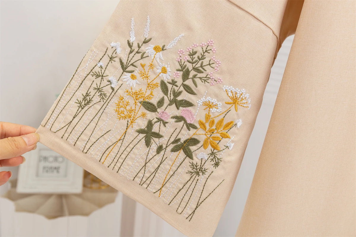Nahaufnahme eines beigen Abaya-Ärmels mit zarten floralen Stickereien in weißer, gelber und rosa Fadenfarbe.