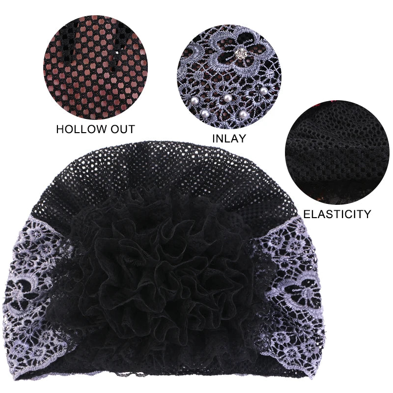 Tocado turbante de encaje negro y tul con incrustaciones florales y elasticidad
