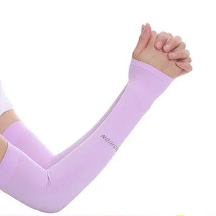 A close-up of a purple cooling UV protection arm sleeve being worn on an arm.