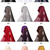 Twelve variations of premium chiffon instant hijabs in various colors and styles displayed on a mannequin.