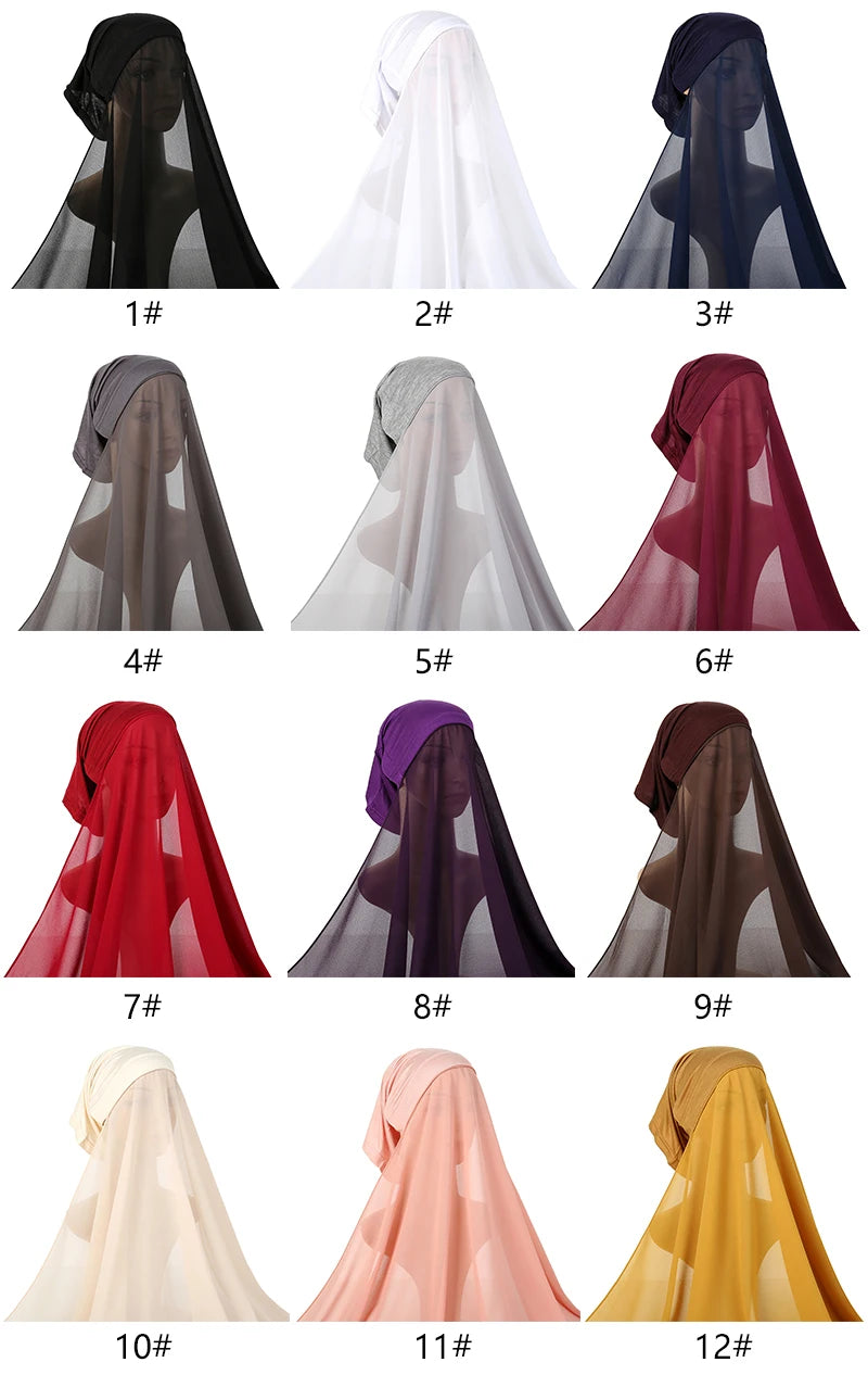 Twelve variations of premium chiffon instant hijabs in various colors and styles displayed on a mannequin.