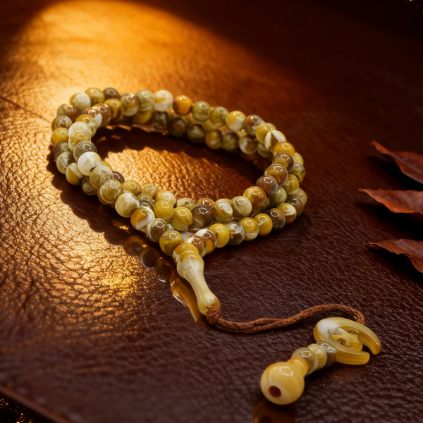 A string of light green and beige beads with moon and star tassels resting on brown leather.