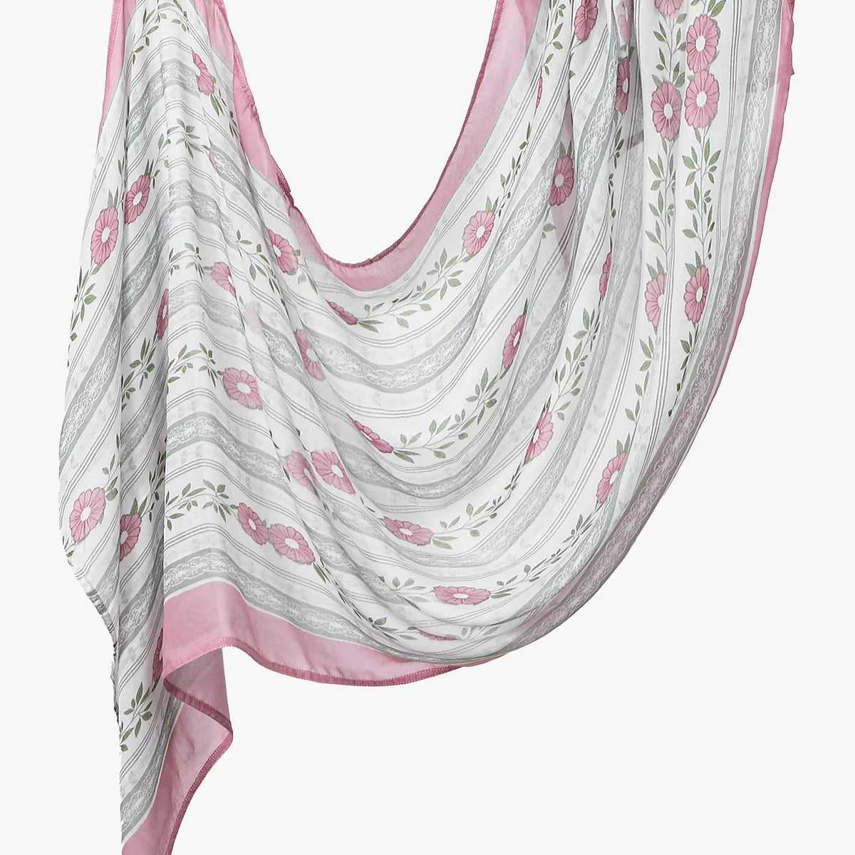 Fließender rosa und grauer Aquarelldruck aus Leinen-Baumwolle, Hijab-Schal mit Blumenmuster.