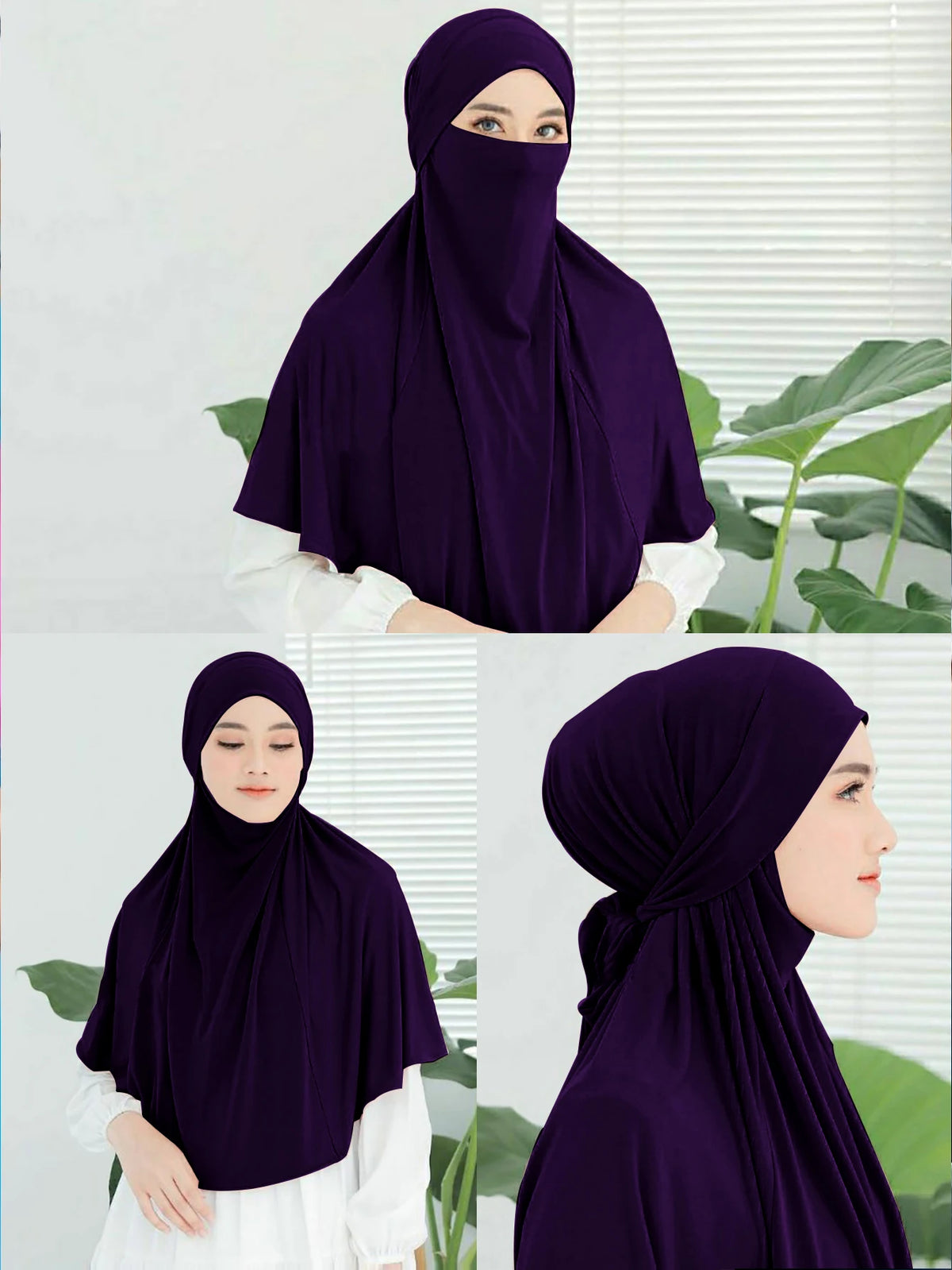 Eine Frau trägt einen tiefvioletten Instant-Turban-Hijab mit weißen Ärmeln vor einem hellen Hintergrund.
