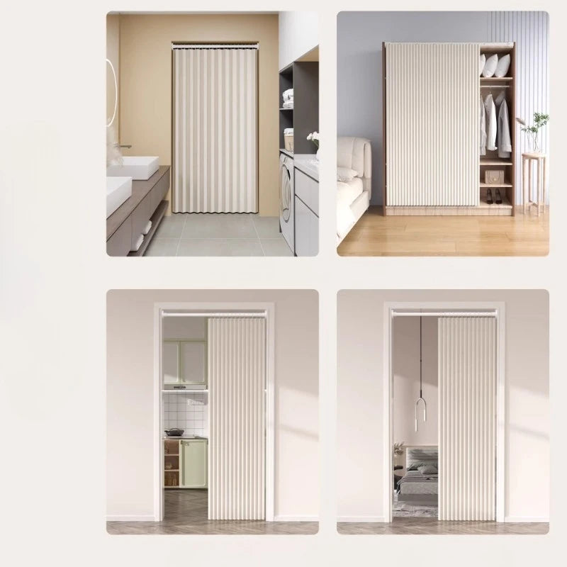 Nahaufnahme von gefalteten Akkordeon-Türvorhängen in Beige auf einem weißen Rahmen, gezeigt in verschiedenen Innenräumen.