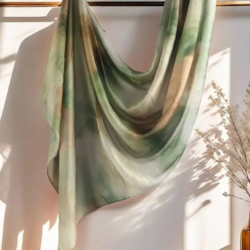 Fließender, durchscheinender Modal-Schal mit Aquarell-Blumenmuster in Grün- und Beige-Tönen, aufgehängt vor weißem Hintergrun