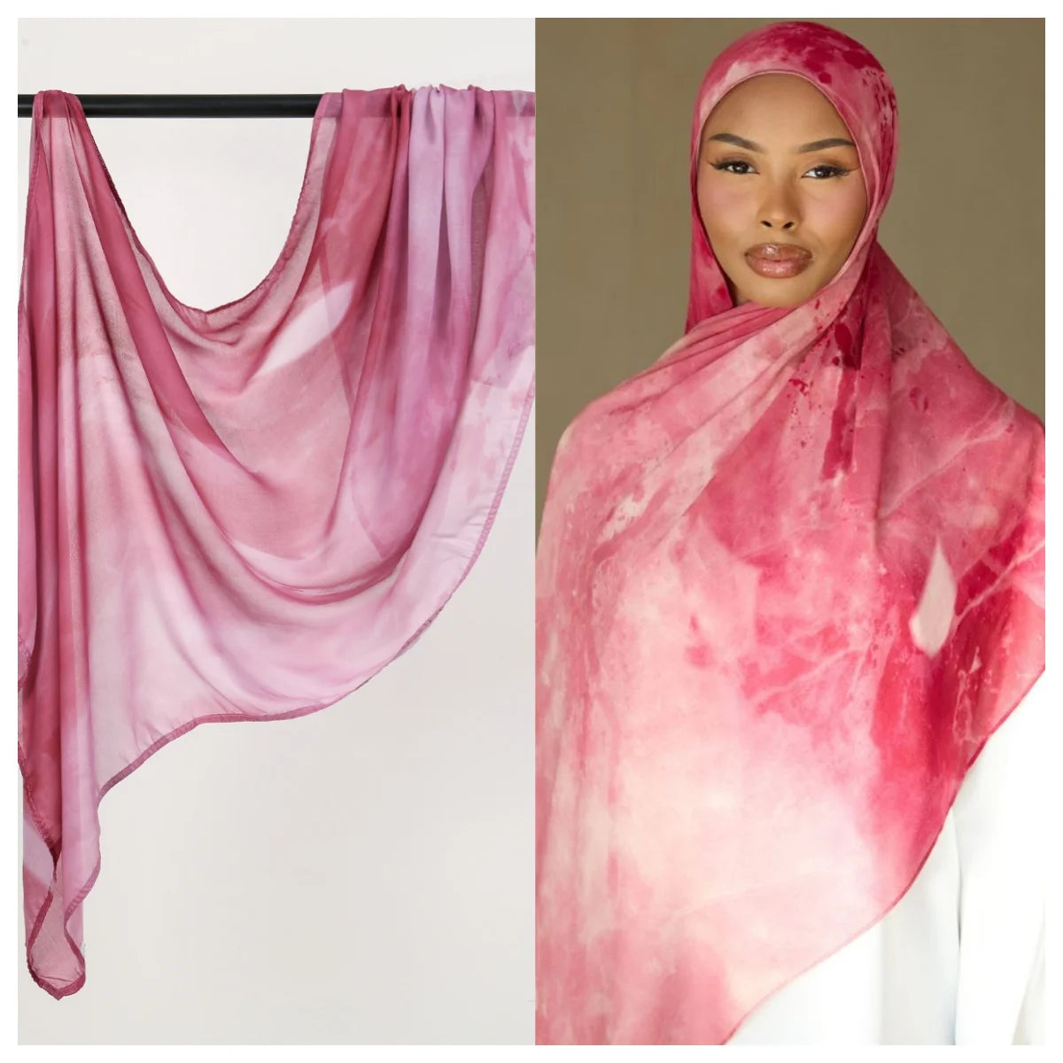 Nahaufnahme eines rosa Aquarell-Ombré-Hijab-Schals aus Rayon-Modal, über einer Kleiderstange und bei einem Model getragen.