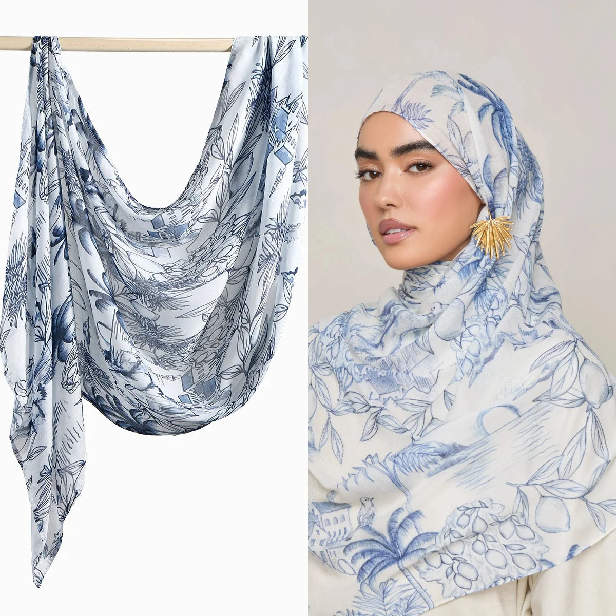 Nahaufnahme einer Frau mit einem aquarellartigen Ombré-Hijab-Schal aus Rayon-Modal in blau-weißen Blumenmustern.