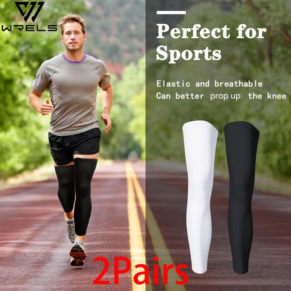 Two pairs of black elastic leg covers for sports, shown on a person running and separately.