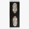 Bufanda negra con imágenes personalizadas de la Virgen de Guadalupe y un diseño de sol radiante.