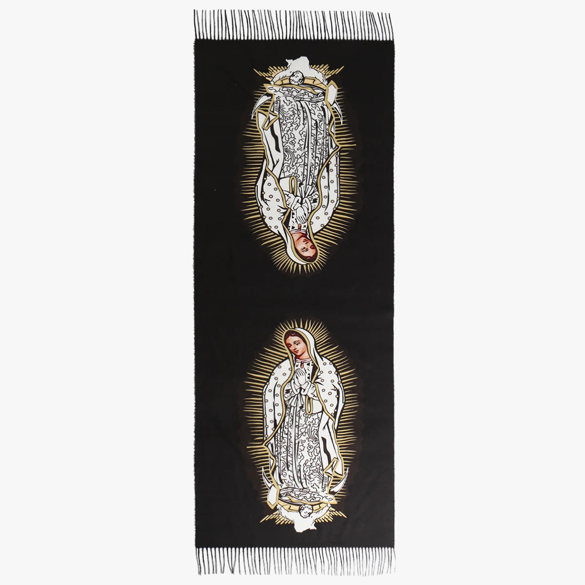 Bufanda negra con imágenes personalizadas de la Virgen de Guadalupe y un diseño de sol radiante.
