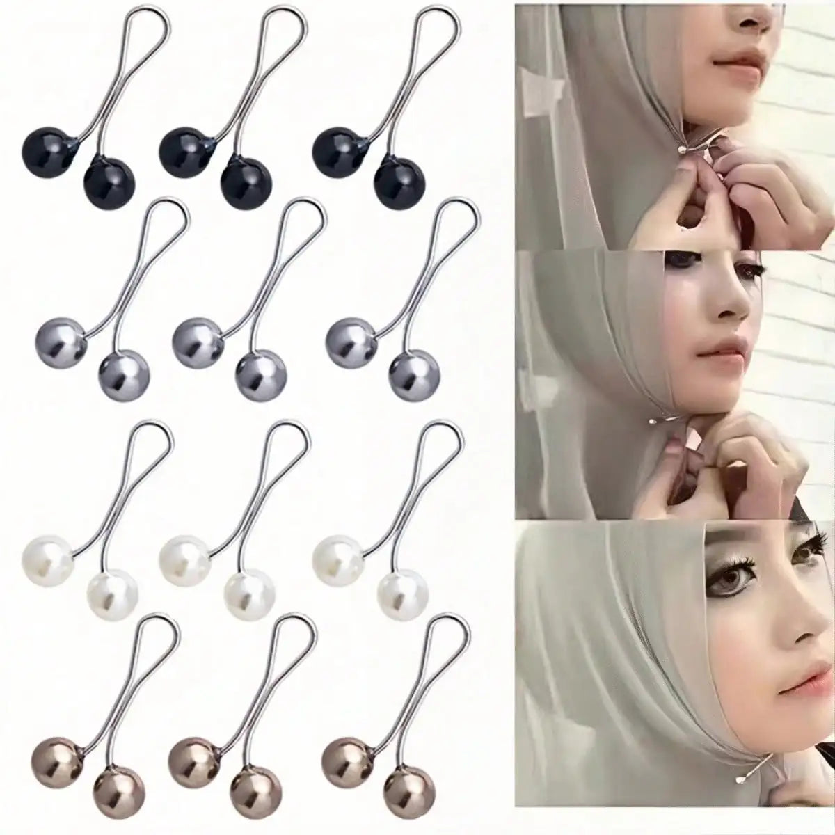 Un ensemble de douze épingles et pinces décoratives en argent pour hijab, vues sous différents angles.