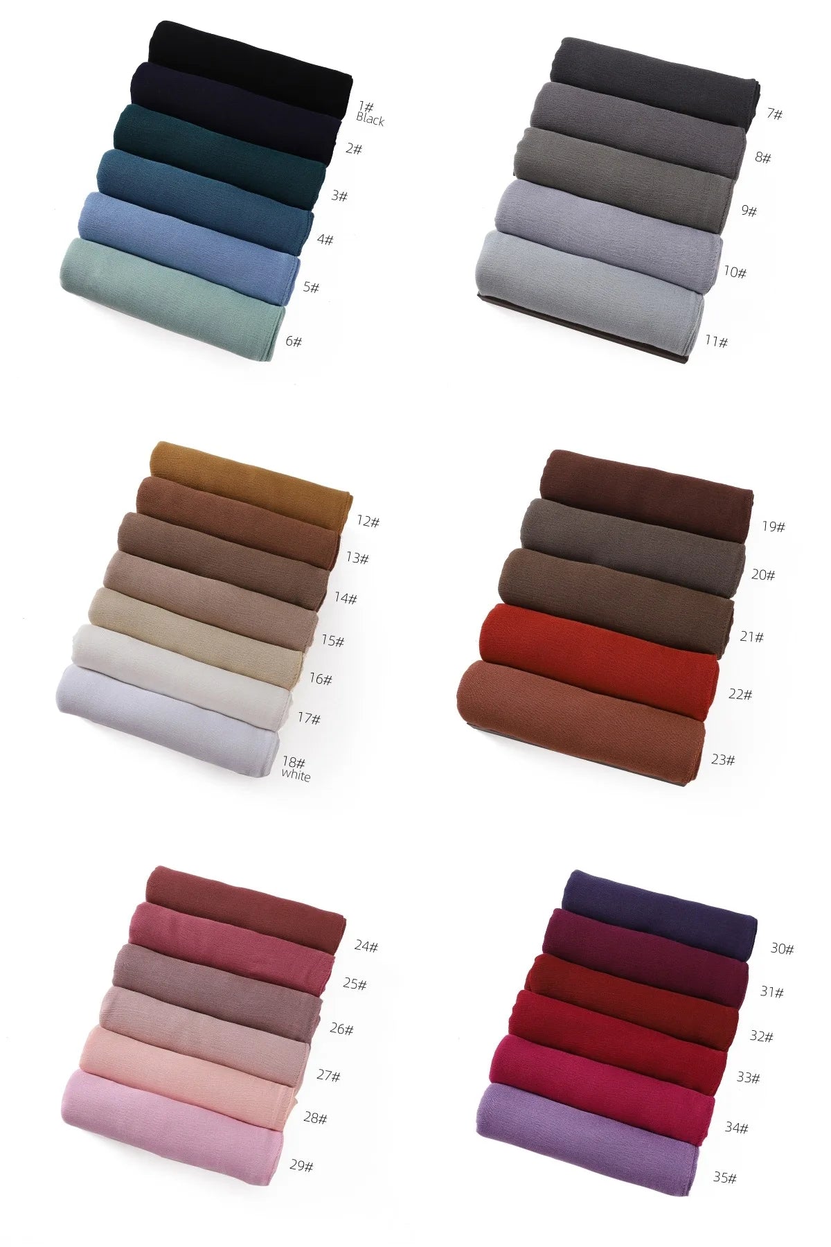 Collection de foulards et châles en tissu empilés dans diverses nuances de gris, marron, rose et violet.