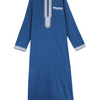 A royal blue Moroccan embroidered men's thobe jellaba with white detailing on the collar and cuffs.