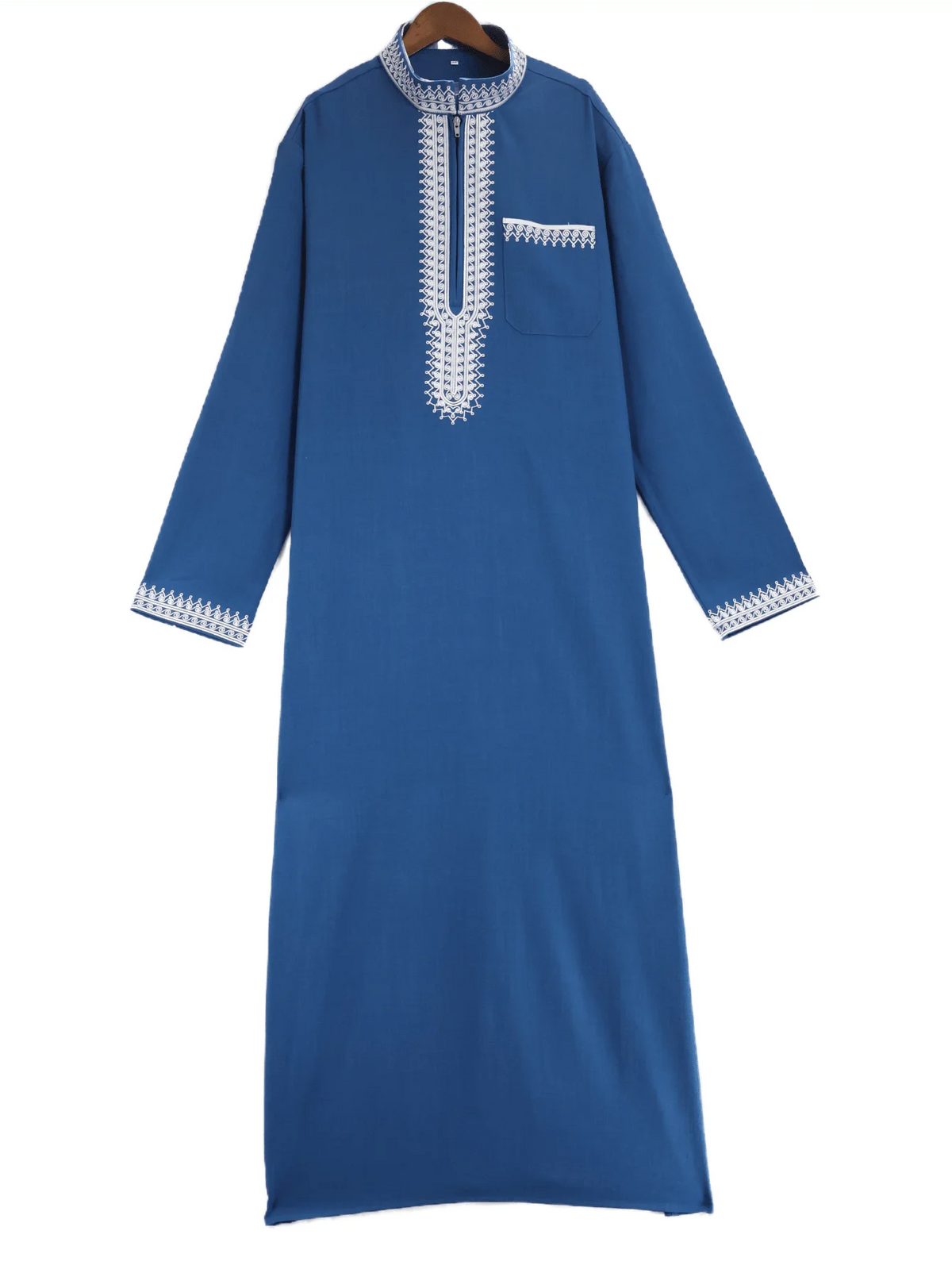 A royal blue Moroccan embroidered men's thobe jellaba with white detailing on the collar and cuffs.