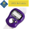 Medidor electrónico morado con pantalla blanca y botones plateados.