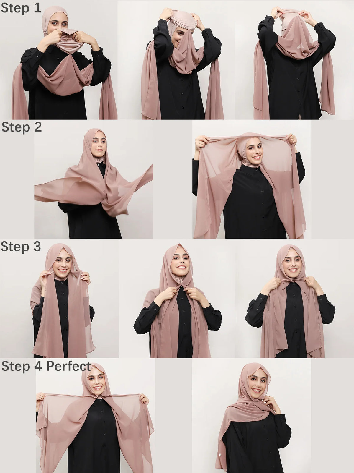 Vier Schritte, wie man einen mauvefarbenen Chiffon-Hijab mit einem schwarzen Oberteil und schwarzen Langarmshirts stylt.