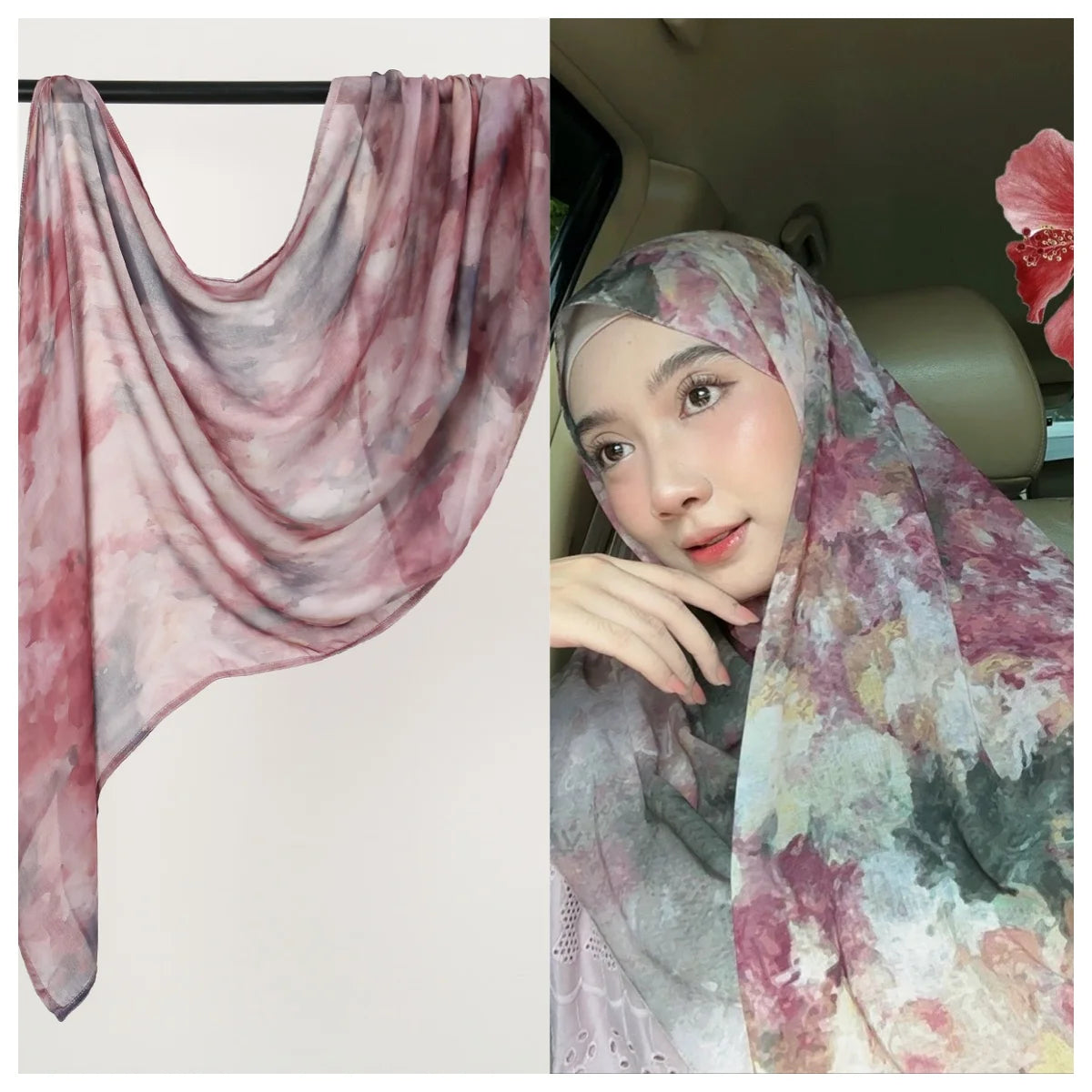 Nahaufnahme einer Frau mit einem aquarellartigen Ombré-Seiden-Modal-Hijab-Schal in Rosa-, Mauve- und Grautönen.