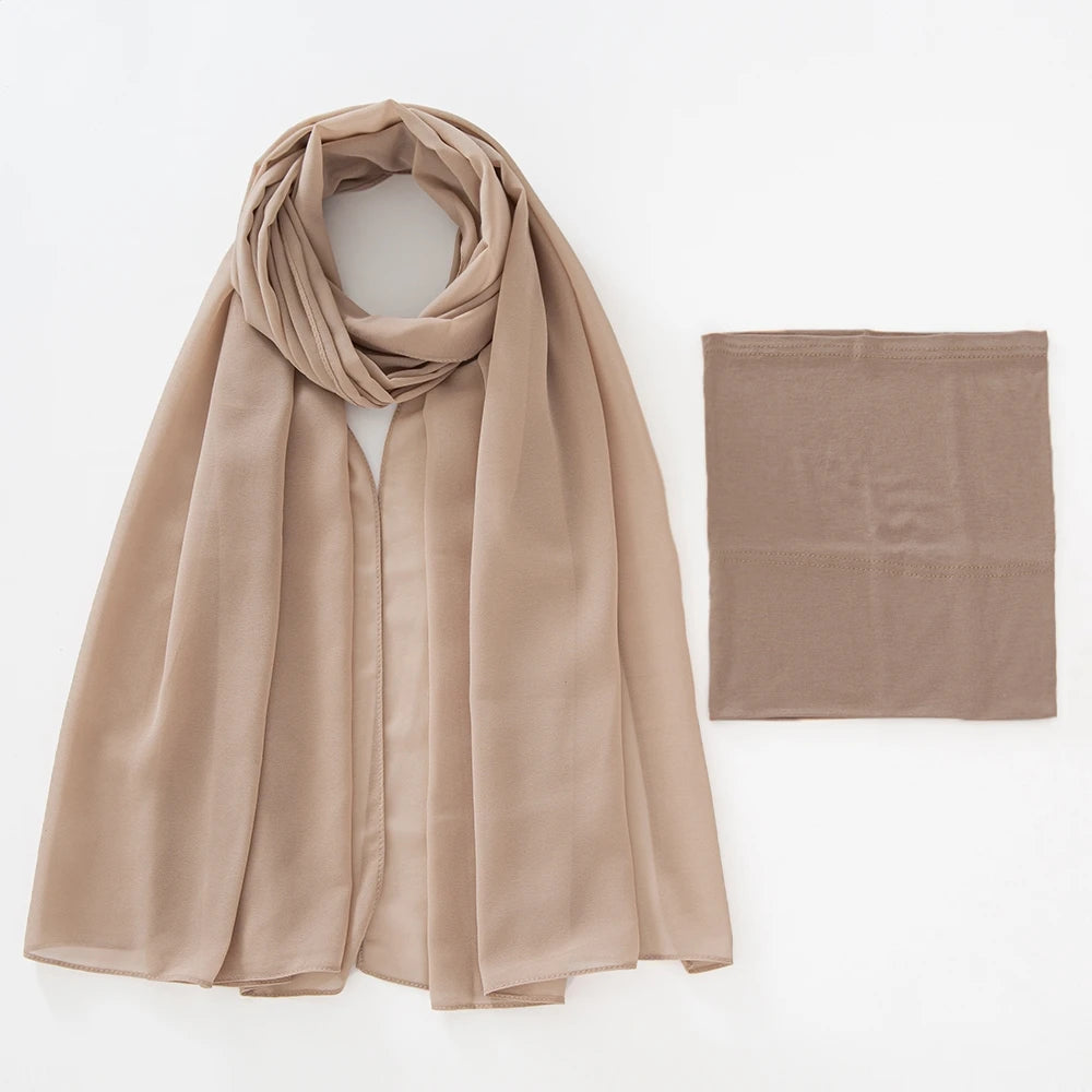 A flowing beige chiffon hijab and underscarf set displayed flat on a white background.
