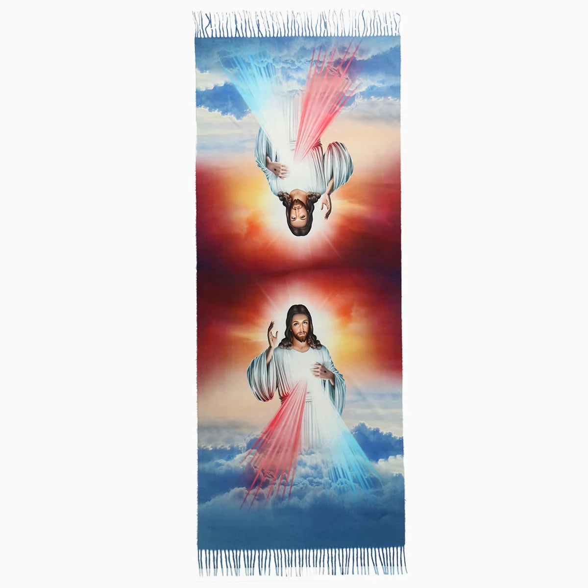 Pañuelo impreso personalizado con la Virgen de Guadalupe y rayos de luz contra un cielo dramático.