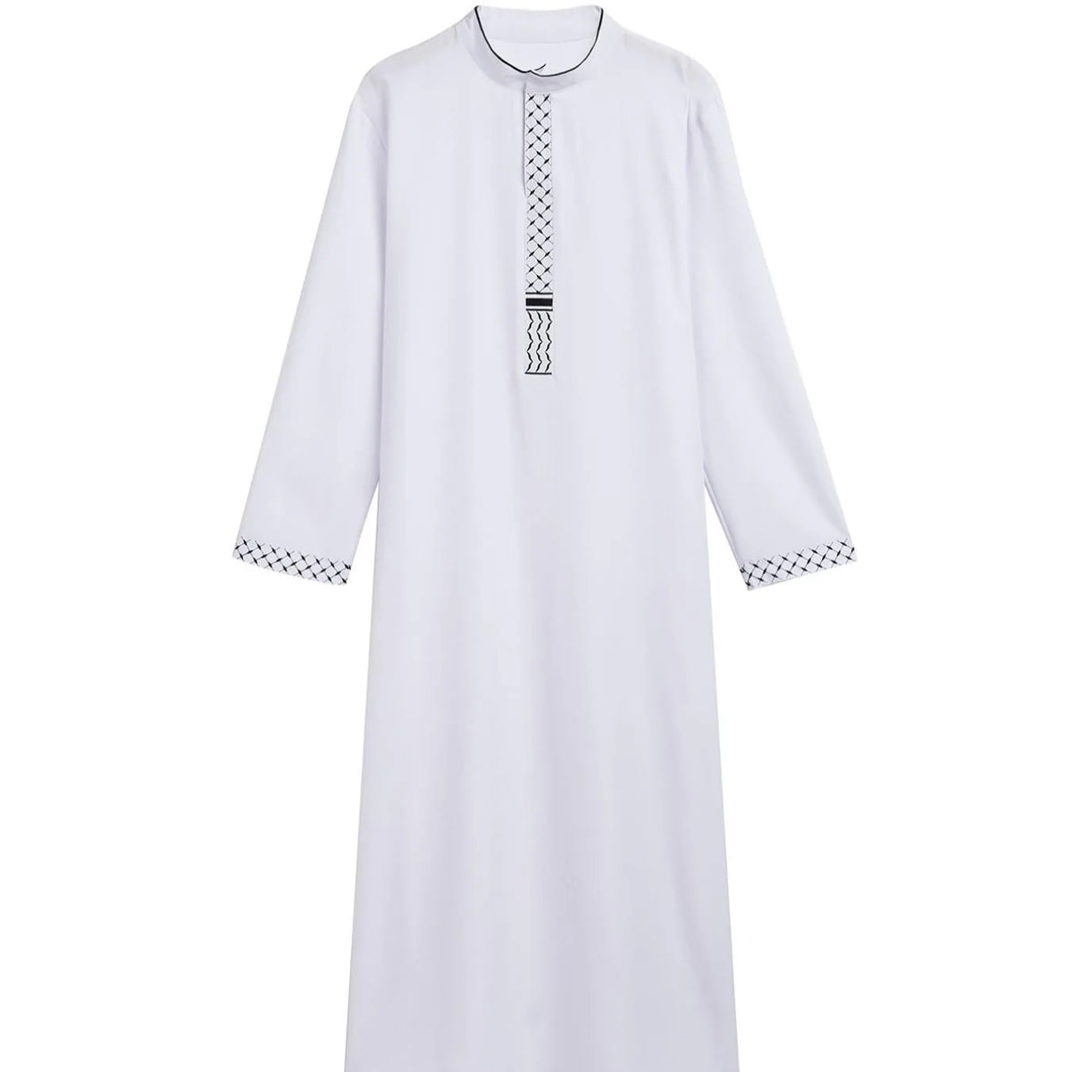 Weißes, besticktes Jubba-Thobe Kaftan für Herren mit vertikaler Verzierung