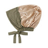 A set of elegant satin hijab cap and undercap in olive green and champagne pink.
