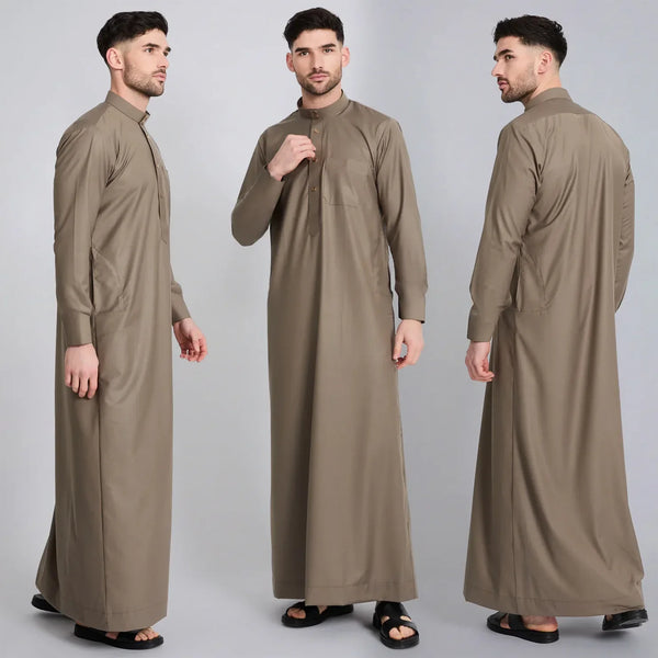 Three models wearing beige men's Islam Jalabiya Thobe Kaftan in a full-length shot.