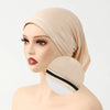 A beige elegant anti-slip inner hijab cap displayed on a mannequin head.