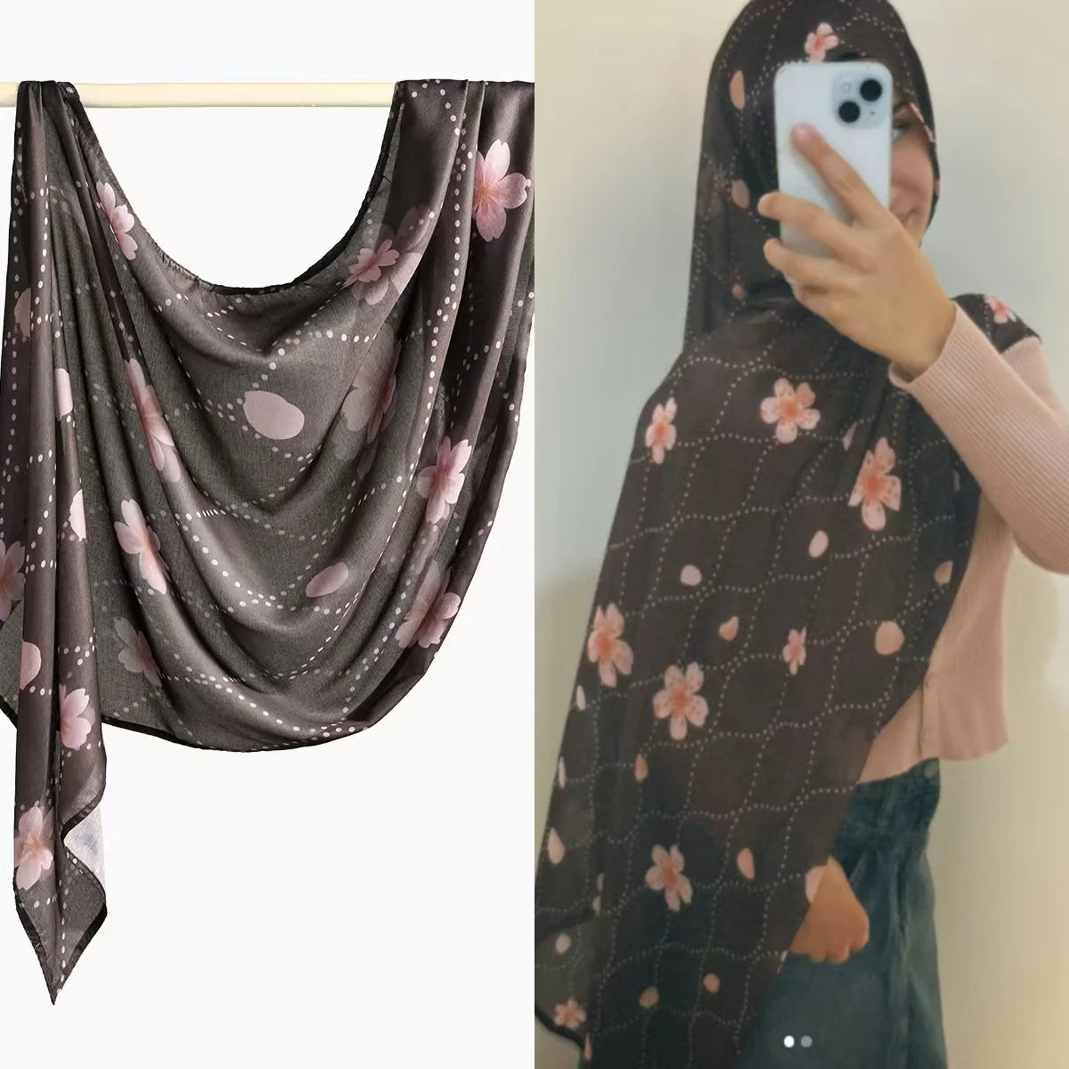 Eine Frau trägt einen dunkelbraunen floral gemusterten Hijab-Schal über Kopf und Schulter.